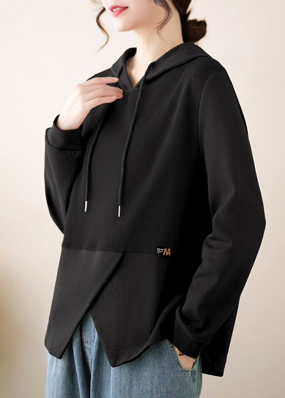 Black Patchwork Cotton Hooded Pullover Asymmetrical Fall