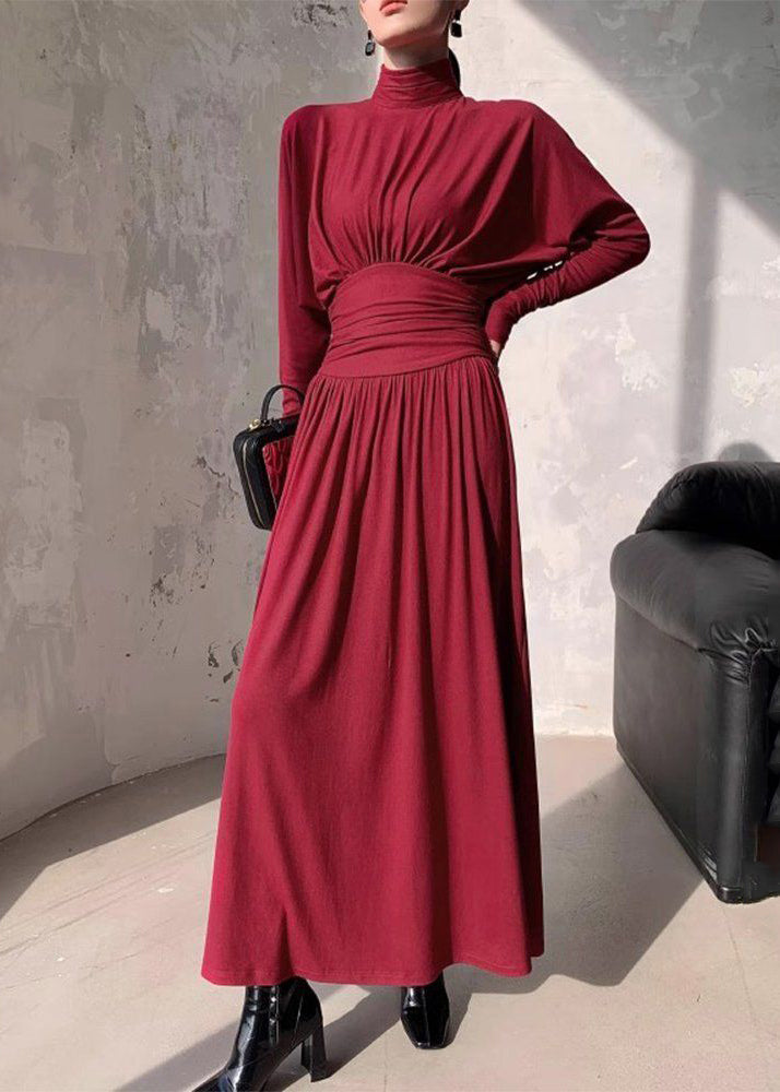 Black Turtleneck Wrinkled High Waist Cotton Maxi Dresses Spring