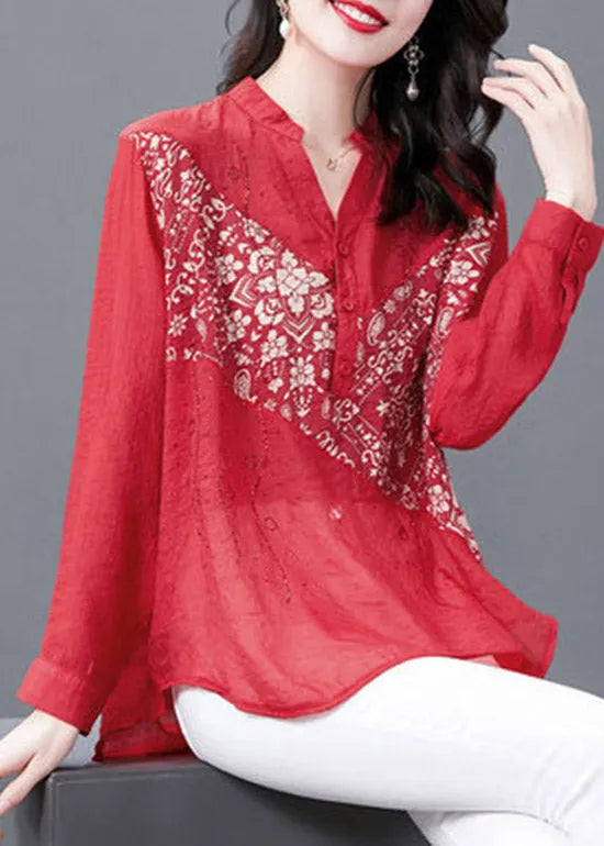 Red V Neck Print Button Diamonds Chiffon Tops Long Sleeve