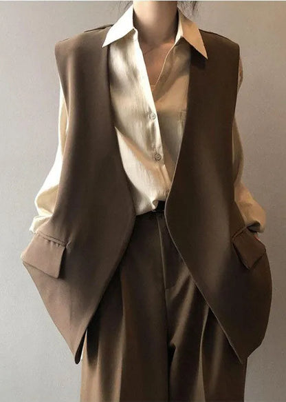 Chocolate Pockets Chiffon Vest Tops Back Side Open Color Sleeveless