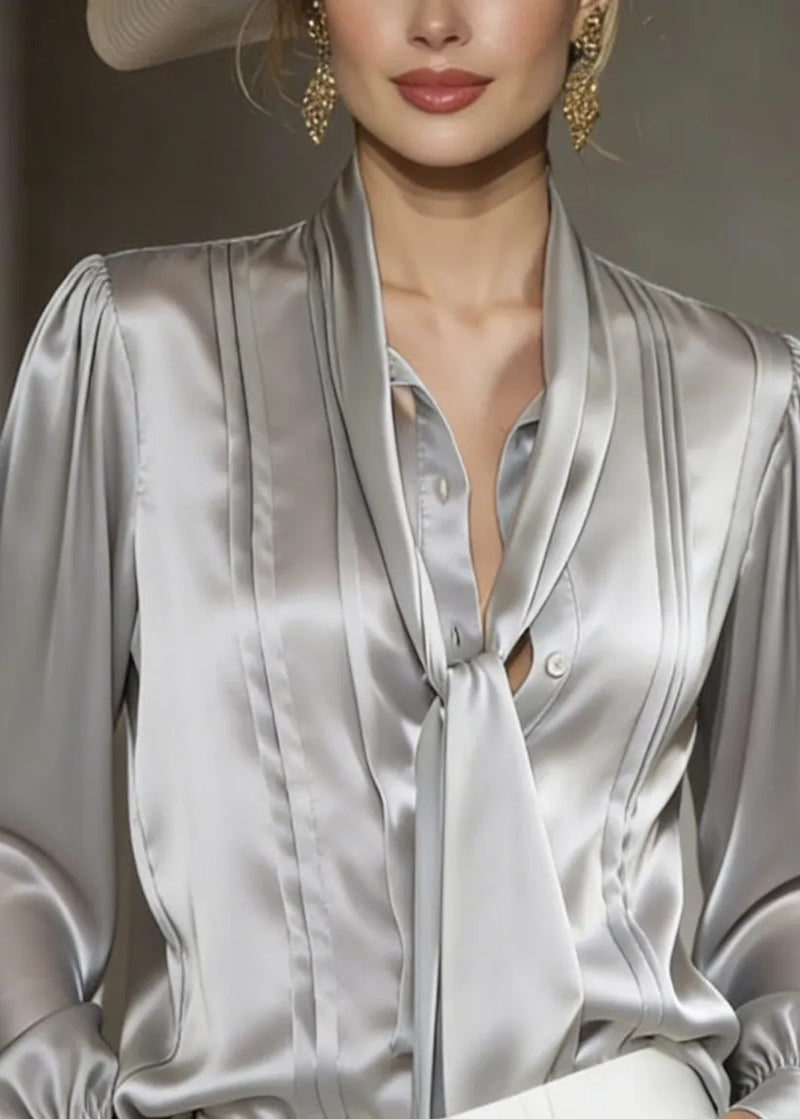 Classy Grey Lace Up Wrinkled Silk Blouses Spring