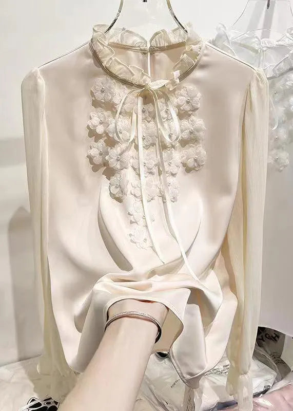 Apricot Ruffled Lace Up Chiffon Shirt Long Sleeve Spring
