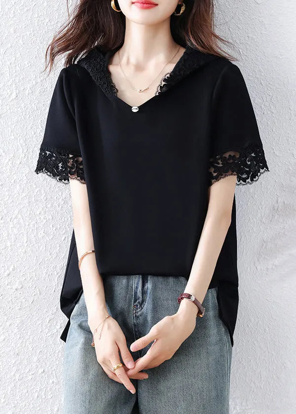 Black Hooded Patchwork Lace Tank Summer