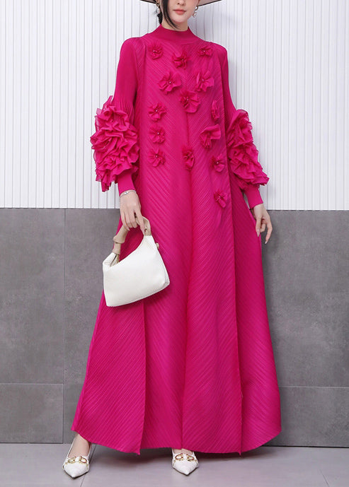 Rose Stand Collar Decorated Chiffon Long Dresses Fall