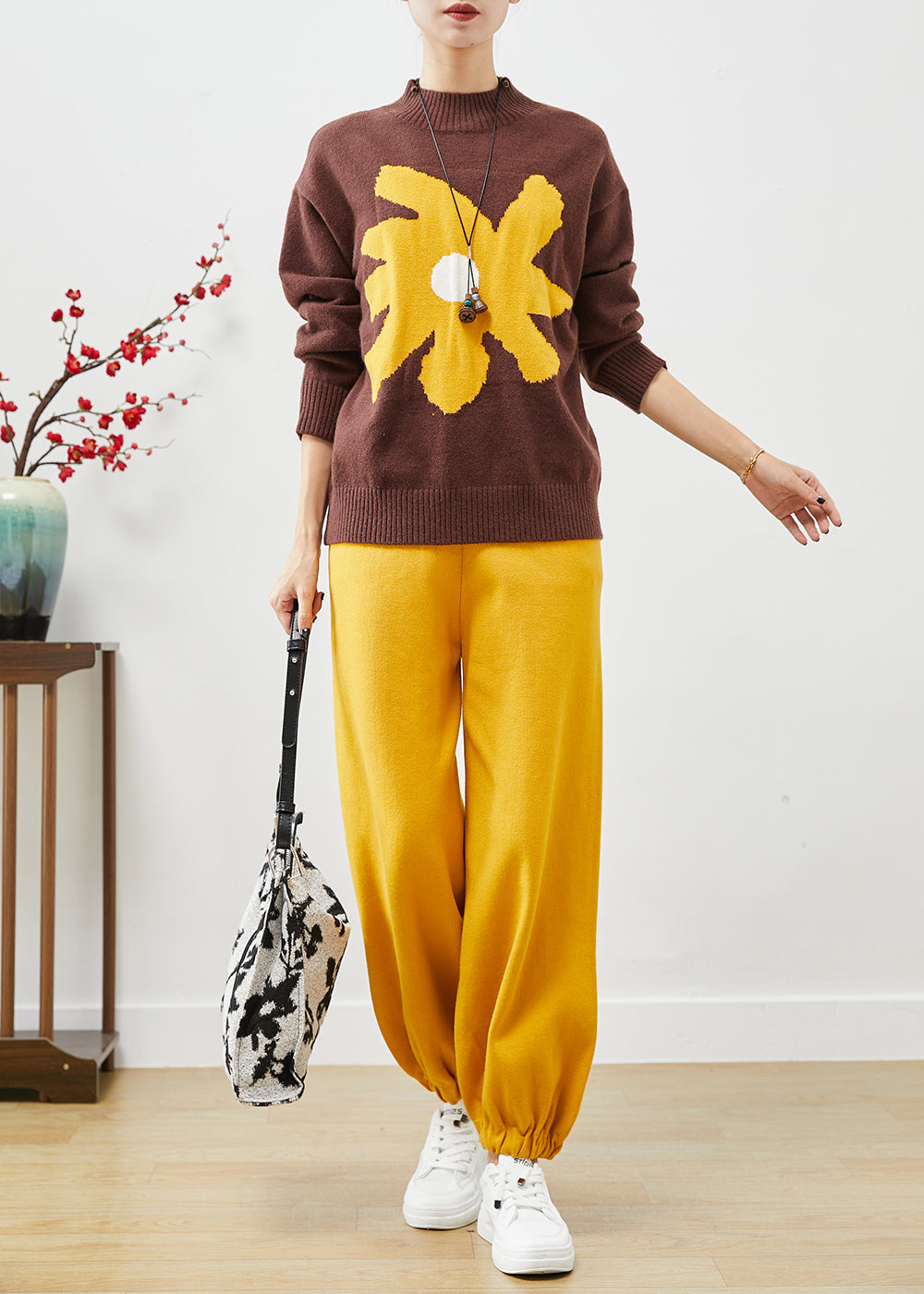 Coffee Oversized Print Knit Two Pieces Set Fall
