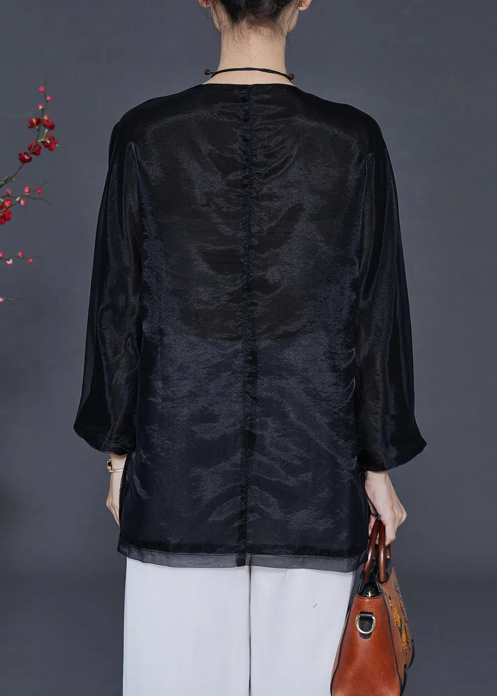 Black Organza Shirt Tops Embroidered Butterfly Summer