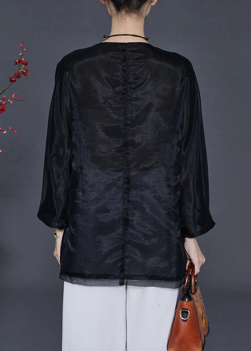 Black Organza Shirt Tops Embroidered Butterfly Summer