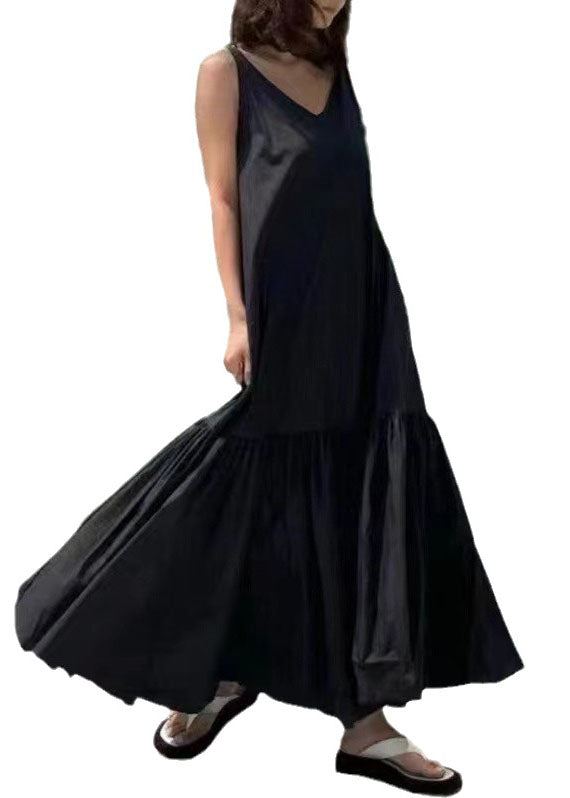 Black V Neck Patchwork Wrinkled Cotton Dress Summer