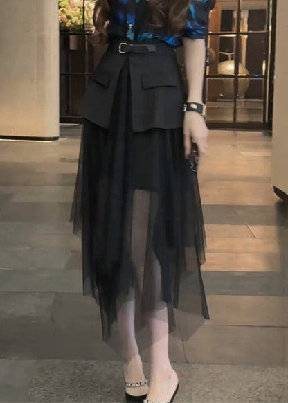 Stylish Black High Waist Tulle Patchwork Skirt Summer