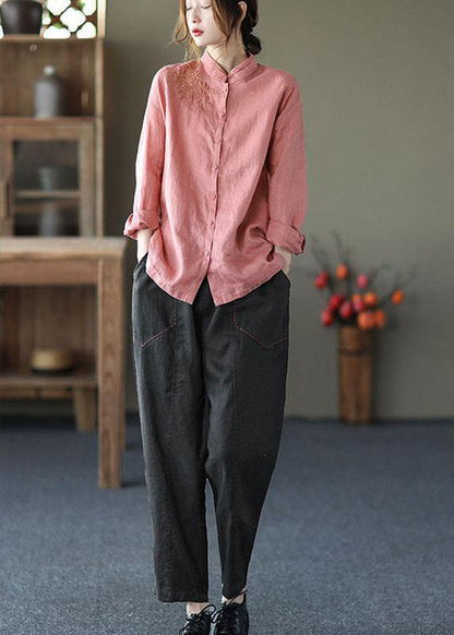 Pink Button Embroideried Fall Linen Tops Long Sleeve