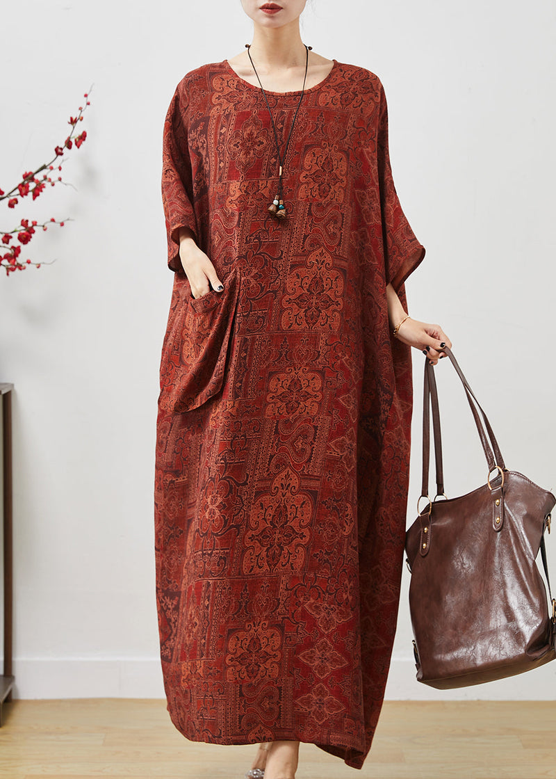 French Orange Oversized Print Cotton Ankle Dress Batwing Sleeve Summer
