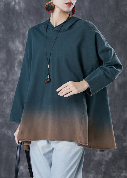 Loose Green Hooded Gradient Color Cotton Sweatshirt Spring
