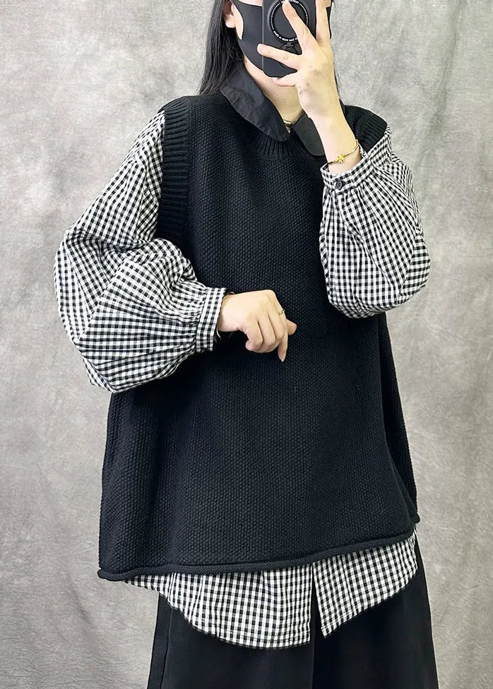 Cozy Black O Neck Knit Vest Tops Sleeveless