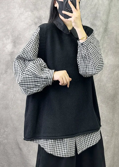Cozy Black O Neck Knit Vest Tops Sleeveless