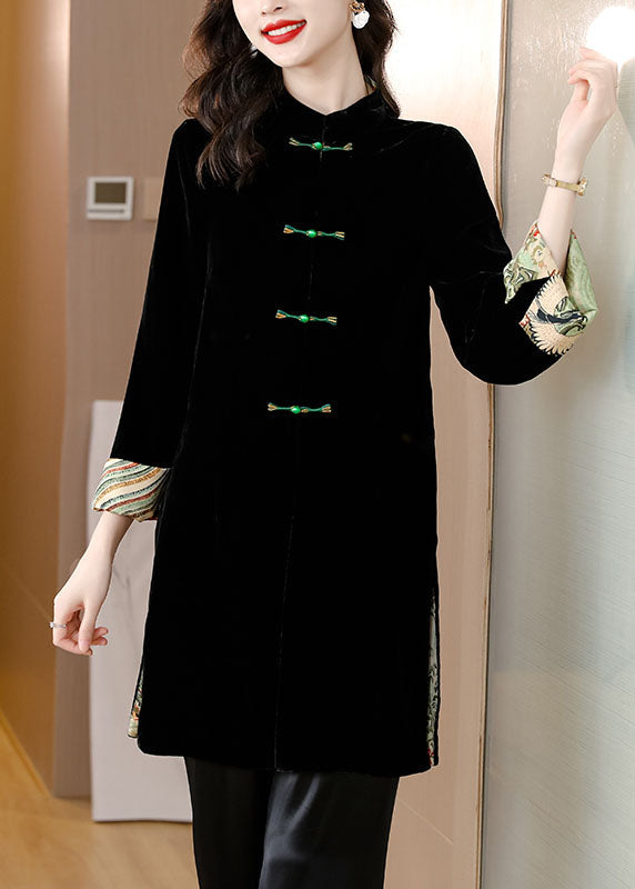 Black Stand Collar Patchwork Button Silk Velour Coat Bracelet Sleeve