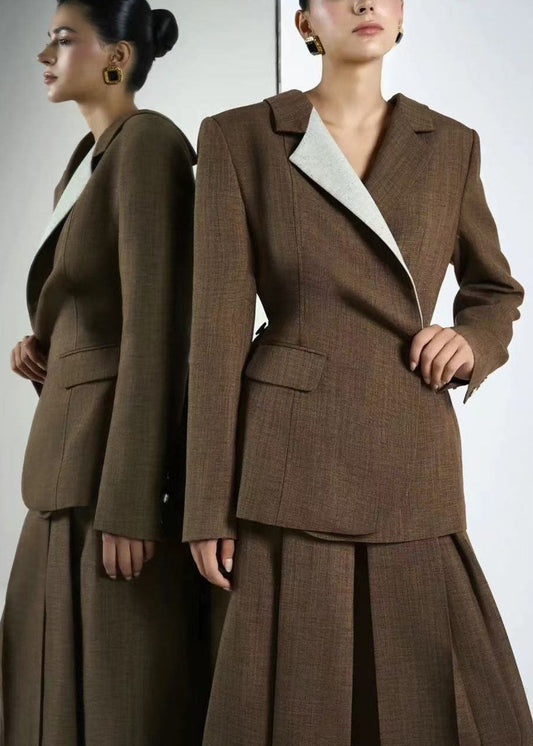 Brown Peter Pan Collar Patchwork Suit Coats Fall