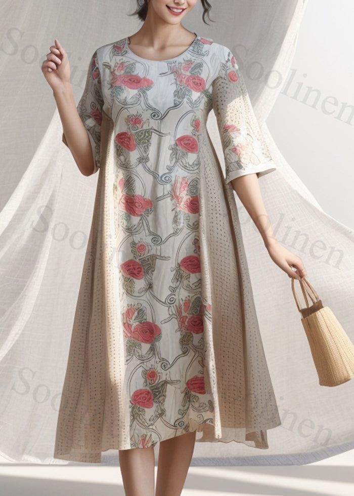 White Print Patchwork Cotton a Line Dress Summer