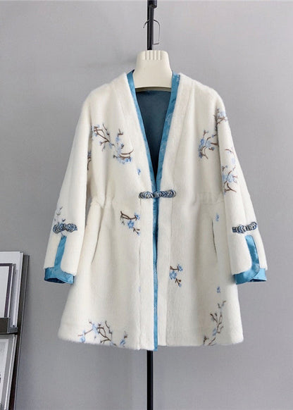 Chinese Style Apricot V Neck Button Drawstring Mink Cashmere Coats Winter