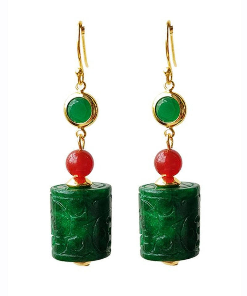 Green 14k Gold Dry Green Jade Agate Drop Earrings