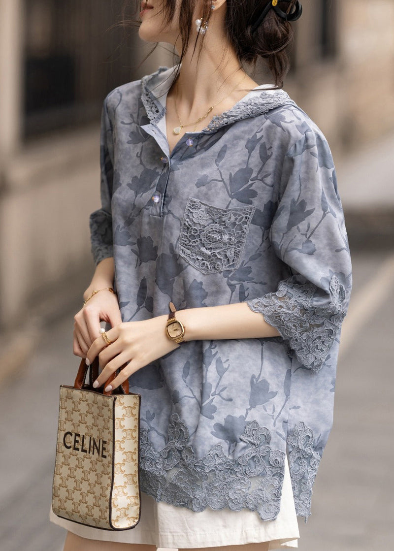 Blue Hooded Patchwork Lace Loose Sweatshirt Summer