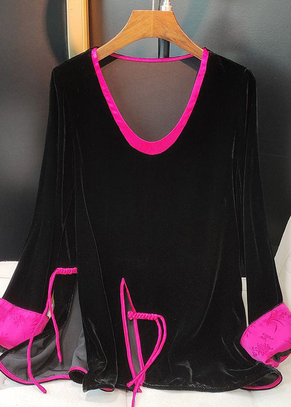 Black O-neck Patchwork Side Open Silk Velour Shirts Long Sleeve