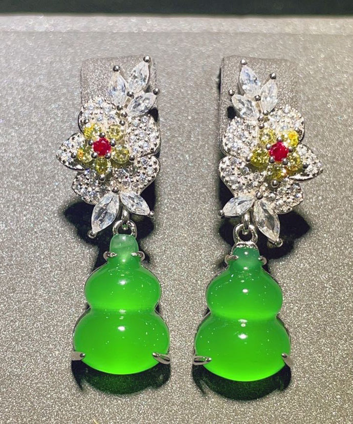 Green Sterling Silver Zircon Jade Gourd Drop Earrings