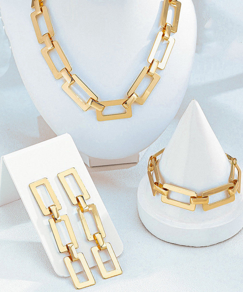 Gold Copper Alloy Chain Drop Earrings, Bracelet and Lariat Necklace Three-piece Set
