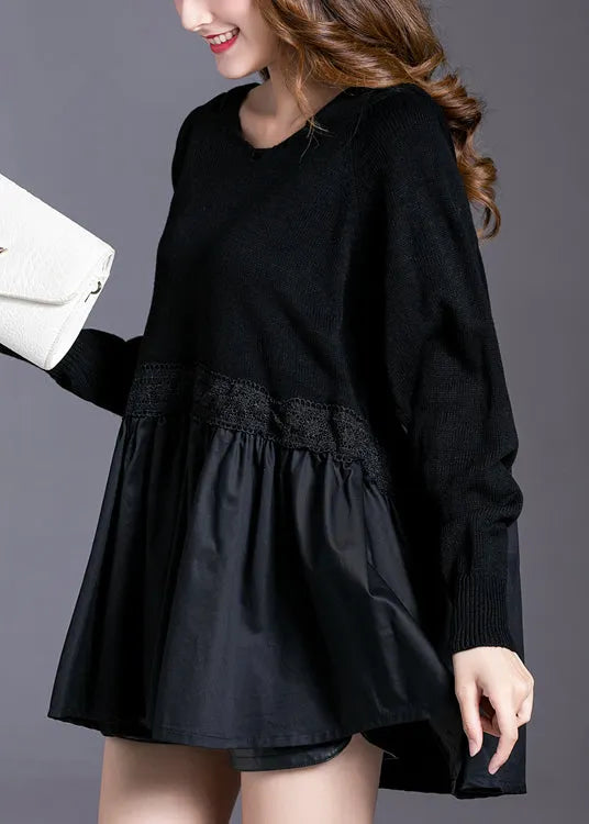 Black Hooded Patchwork Knit Pullover Spring