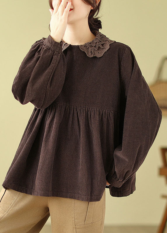 Khaki Lace Patchwork Wrinkled Tops Long Sleeve