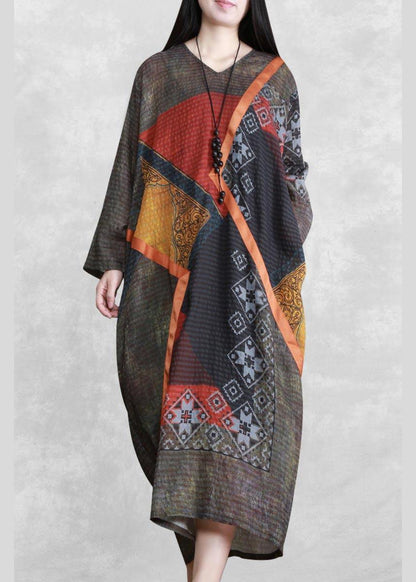 V Neck Patchwork Spring Long Neckline Red Print Robe Dress