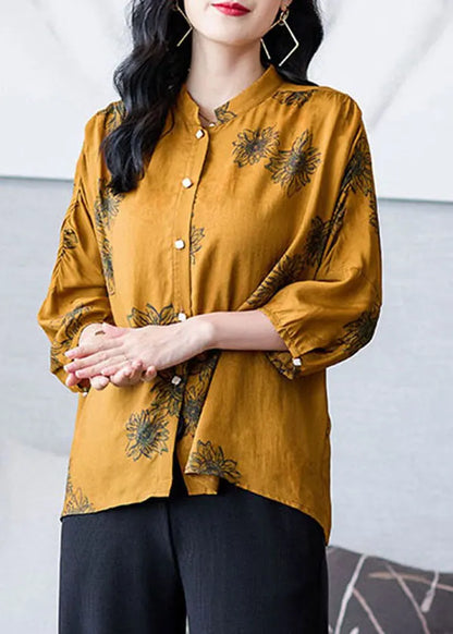 Yellow Stand Collar Wrinkled Patchwork Print Silk Shirt Top Bracelet Sleeve