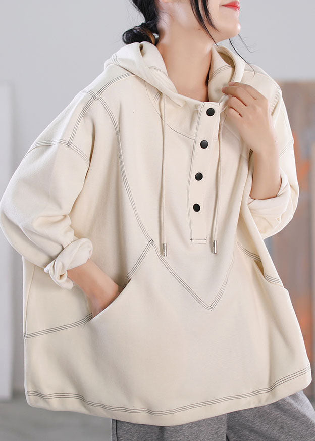 Beige Drawstring Hooded Cotton Pullover Long Sleeve