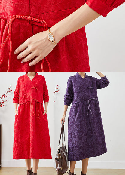 Red Chinese Button Jacquard Dresses Fall