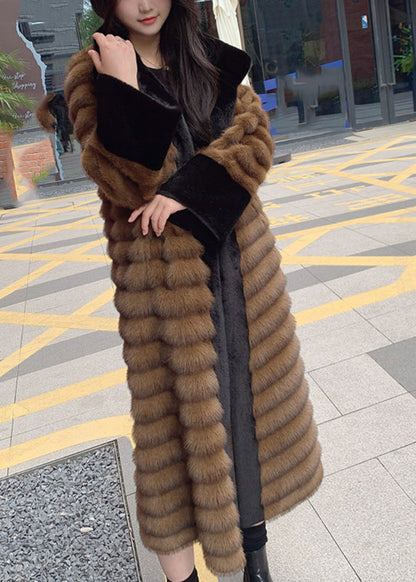 Style Coffee Peter Pan Collar Patchwork Leather and Fur Long Coats Winter