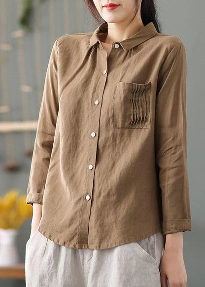 Pink Peter Pan Collar Patchwork Button Low High Design Linen Shirt Long Sleeve