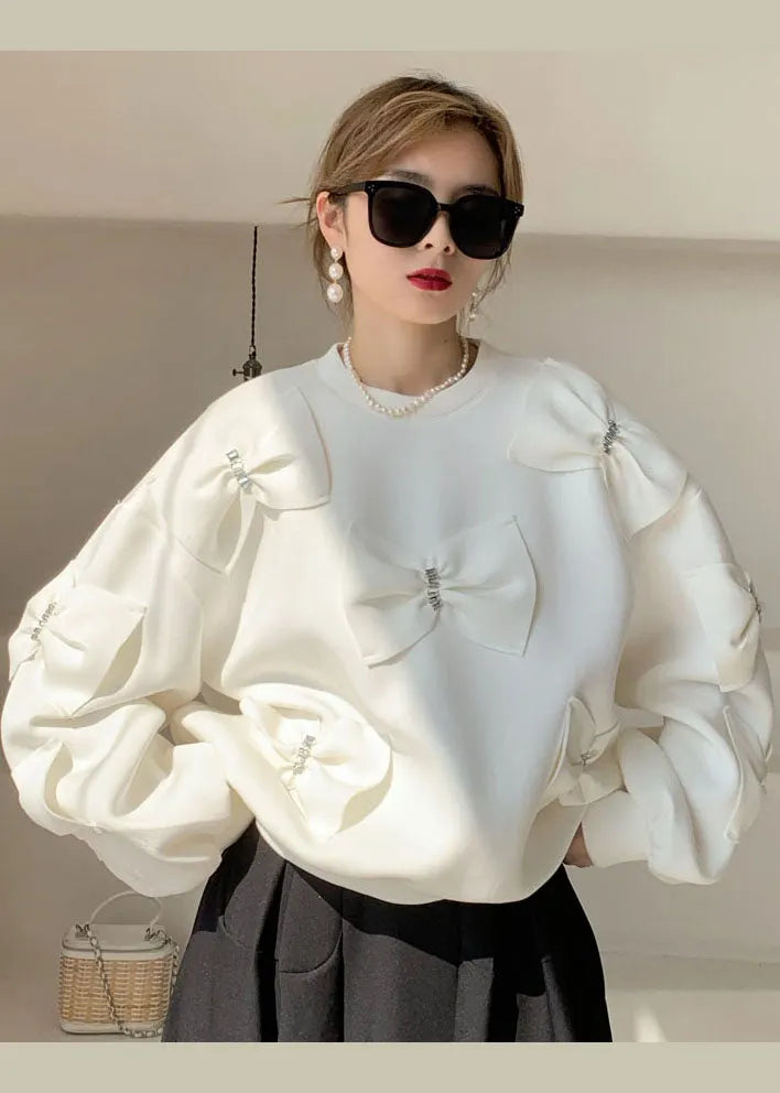 White Puff Sleeve Cotton Loose Sweatshirts Top Spring