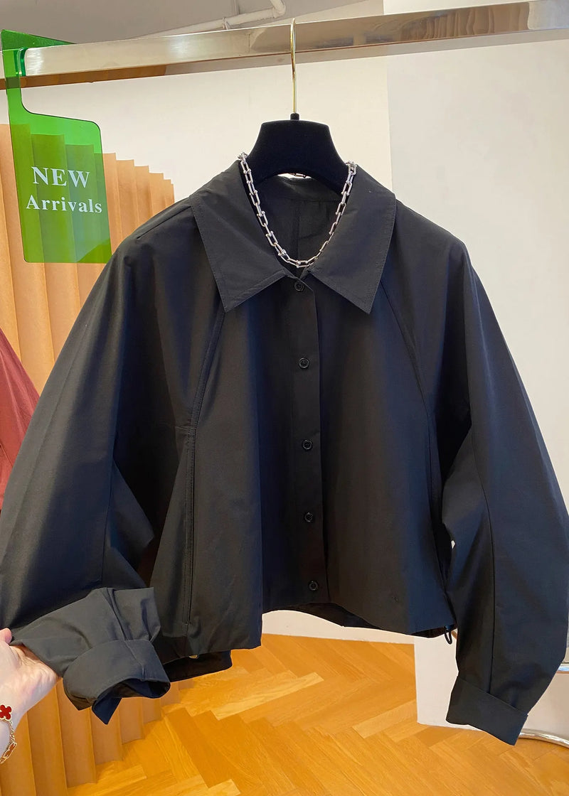 Black Peter Pan Collar Button Cotton Shirts Fall