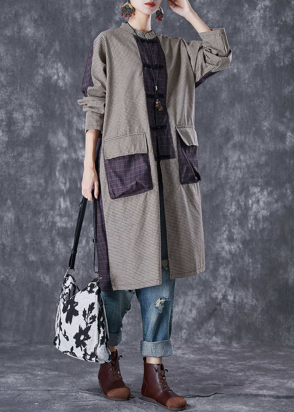 Plaid Patchwork Pockets Cotton Long Blouses Fall