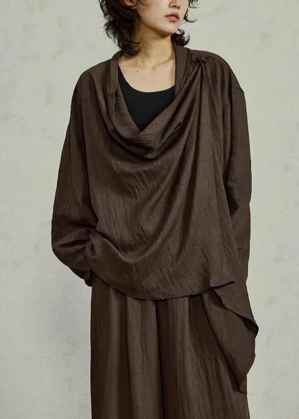 Coffee Shirt Flare Sleeve Patchwork Tie Waist