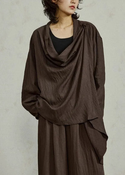 Coffee Shirt Flare Sleeve Patchwork Tie Waist