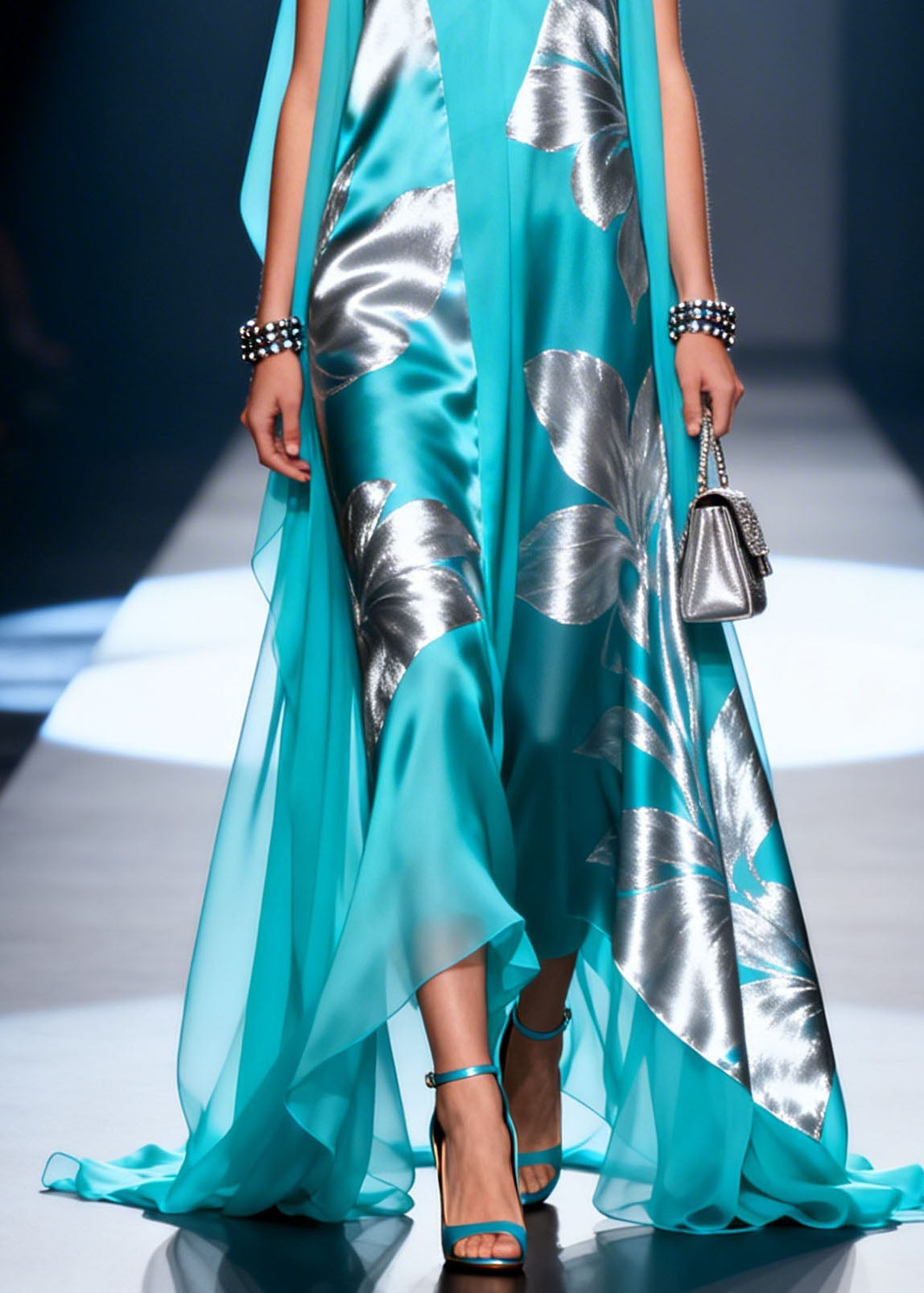 Blue V Neck Print Patchwork Chiffon Dresses Summer