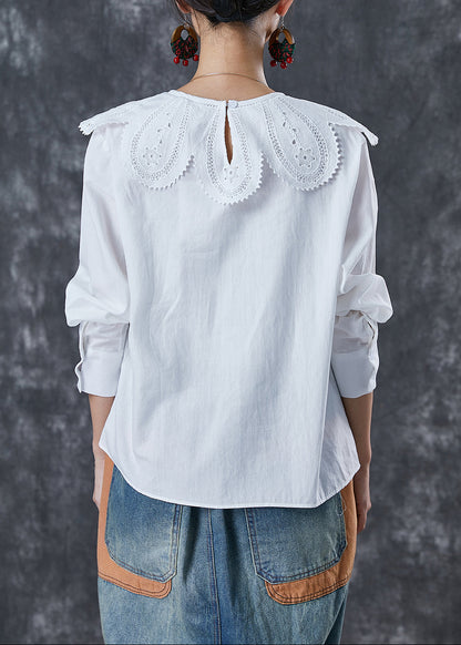 Art White O-neck Lace Patchwork Cotton Shirt Top Fall