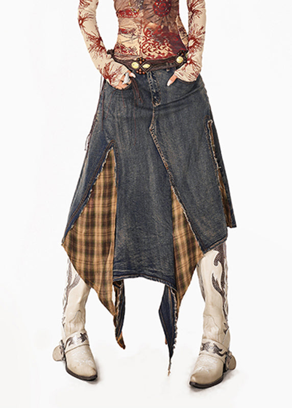 Blue Plaid Patchwork Denim Maxi Skirts