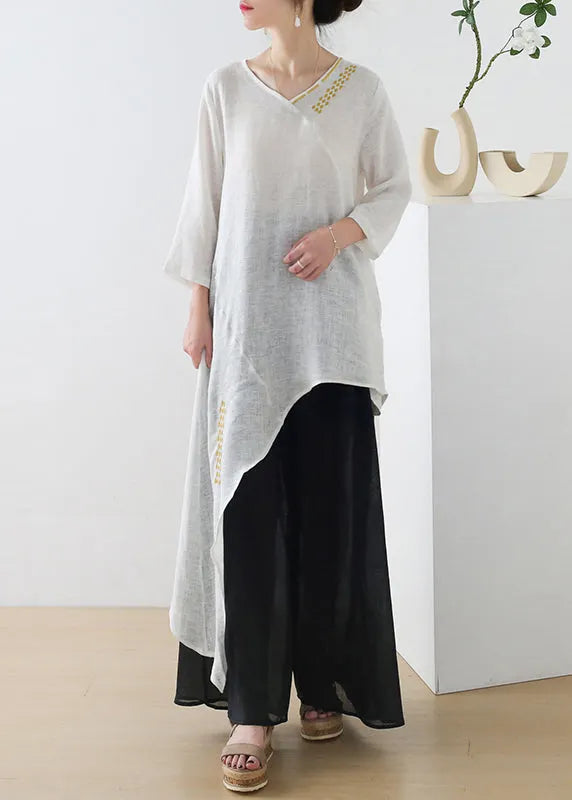 French White V Neck Embroideried Linen Shirt Tops Three Quarter Sleeve