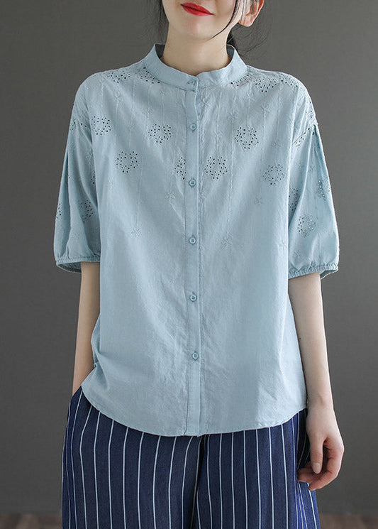 Light Blue Stand Collar Embroideried Button Cotton Shirt Half Sleeve