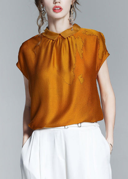 Classy Caramel Peter Pan Collar Print Silk T Shirtshort Sleeve