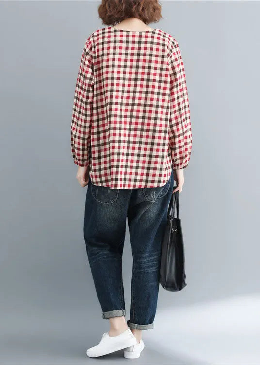 Red O-neck Plaid Cotton Loose Tops Spring