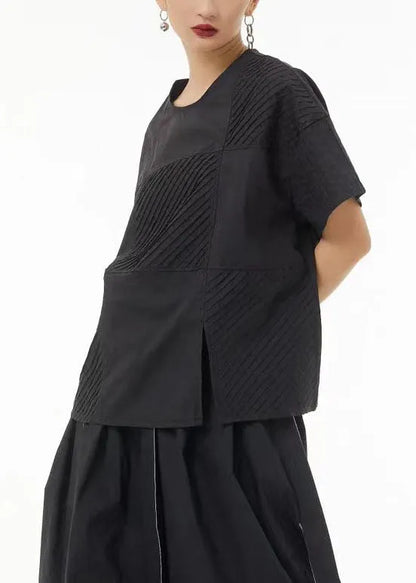 Black Wrinkled Side Open Cotton Tank Top Summer