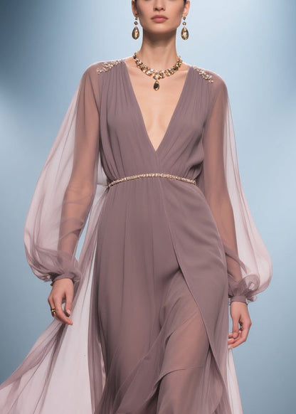 Stylish Soft Misty Purple Gray V Neck Wrinkled High Waist Chiffon Long Dresses Summer
