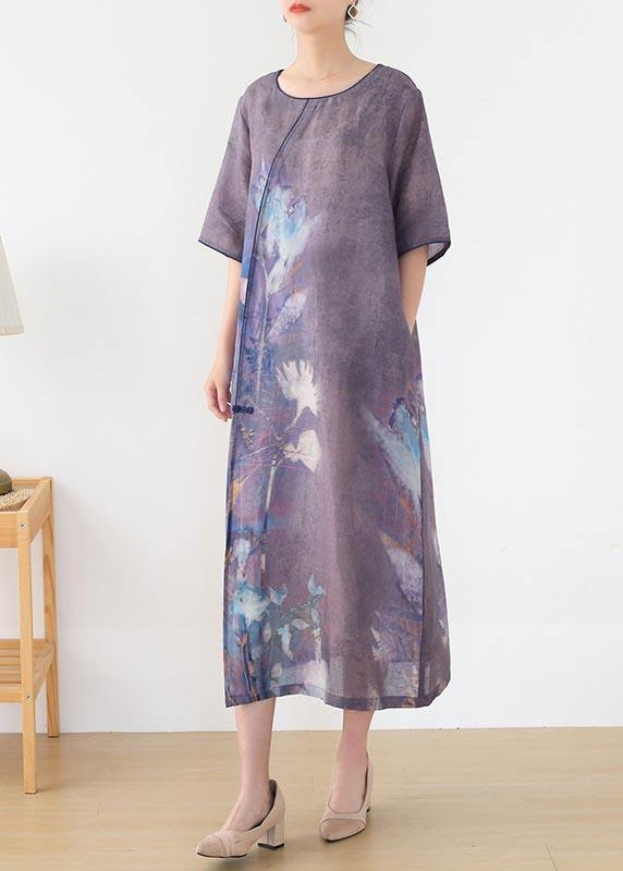 Purple Print O-neck Maxi Summer Linen Dress